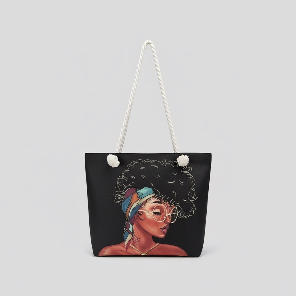 Elegant Black Tote Bag with Artistic Portrait